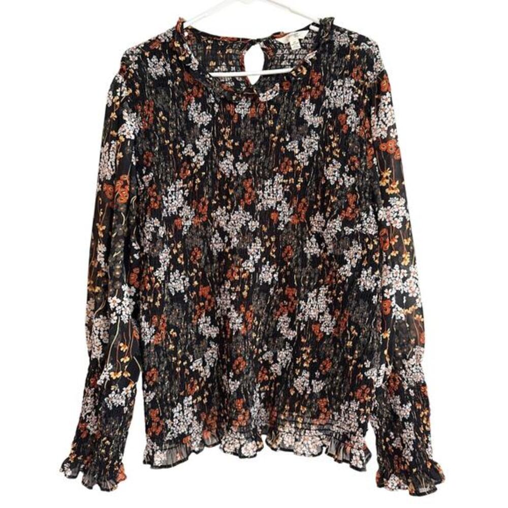 Terra & Sky Black Floral Long-Sleeve Pleated Blouse